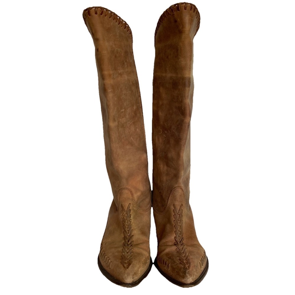 Vtg Zodiac Leather Tall Knee High Riding Cowboy Boots Size 8 Brown Boho Hippie - Picture 3 of 12